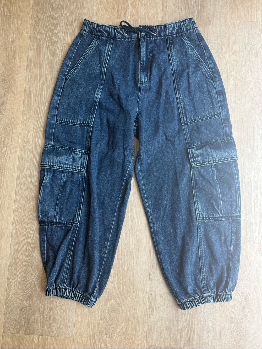 Wide Leg Cargo Denim Jean Pants in Dark Blue